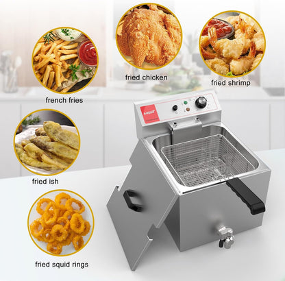 Valgus Professionele elektrische friteuse van roestvrij staal, 3300 W, 16 liter, grote keuken, friteuse met mand en deksel, afvoersysteem