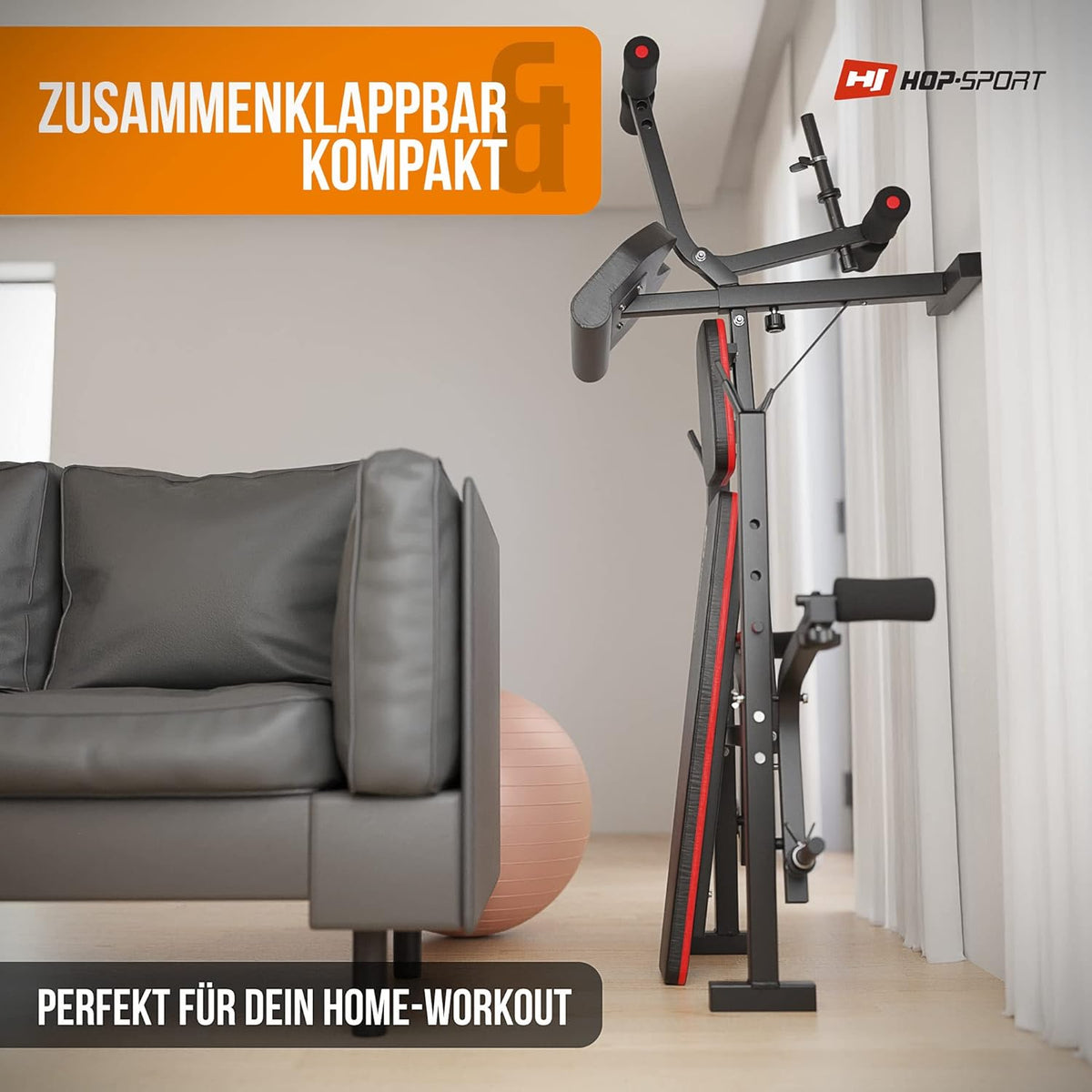 Hop-Sport Adjustable Fitness Bench HS-1055 with Curlpult, Butterfly and Leg Curler incl. 38 kg - 130 kg Dumbbell Set of Choice Long and Curl Bar - QUORE