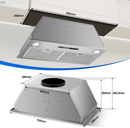 Inbouwafzuigkap van 72 cm, 400 m³/u Afzuigkap, 3 snelheden en boosterfunctie, aanraakbediening, gebarenbediening, ledverlichting, afzuiging en recirculatie