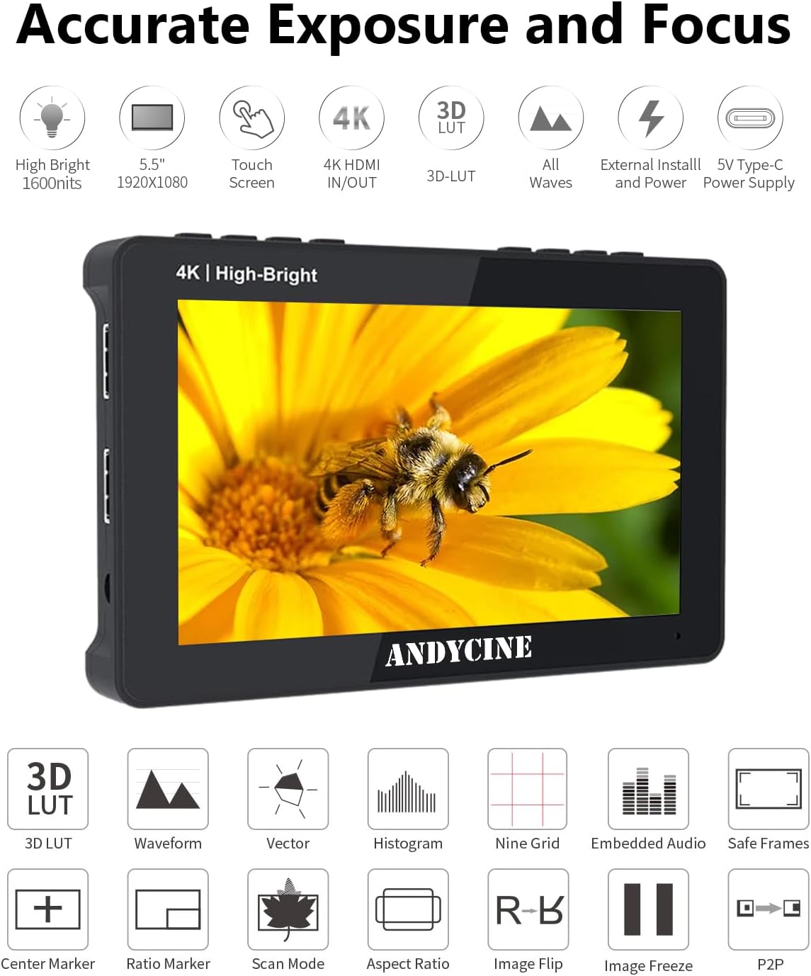 ANDYCINE A6 II 5.5 inch Camera Monitor, 1600 Nit 4K 60Hz HDMI HDR Touch Screen, 1920x1080P FHD DLSR Video Field Monitor, Support Waveform 3D LUT Peaking Focus (with Battery, Carry Case) - QUORE
