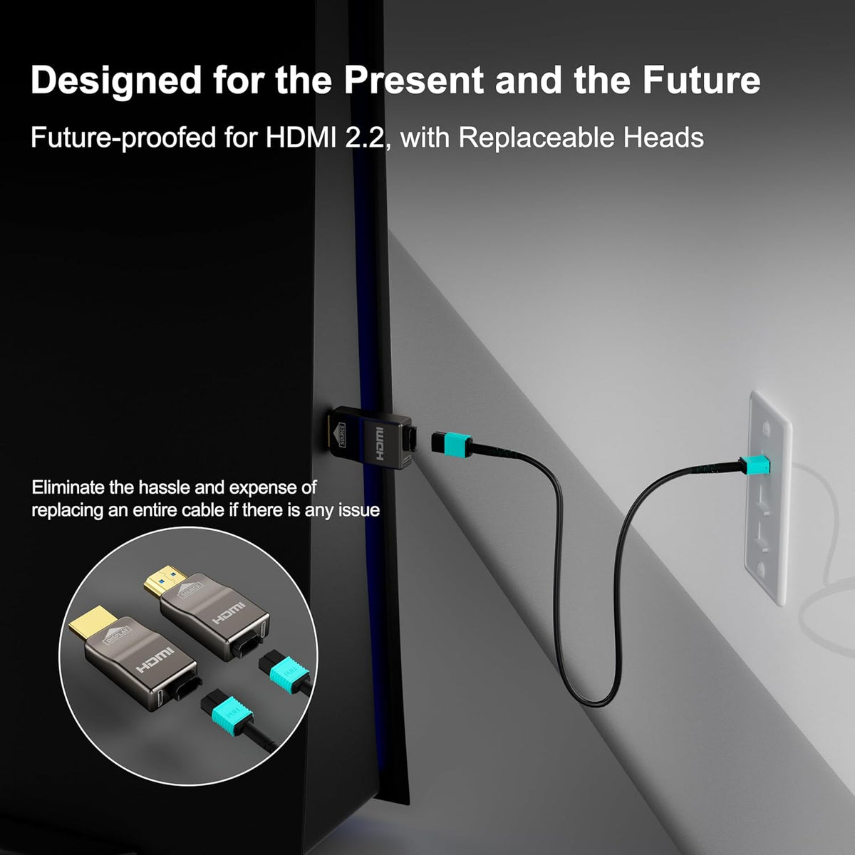 8K afneembare Full Fiber Optic Gepantserde HDMI 2.1-kabel 50FT, Ultra High Speed 48 Gbps, ondersteuning 8K @60Hz 4K @120Hz, Dynamische HDR, eARC, compatibel met TV/PS5/Xbox/Blu-ray/Monitor