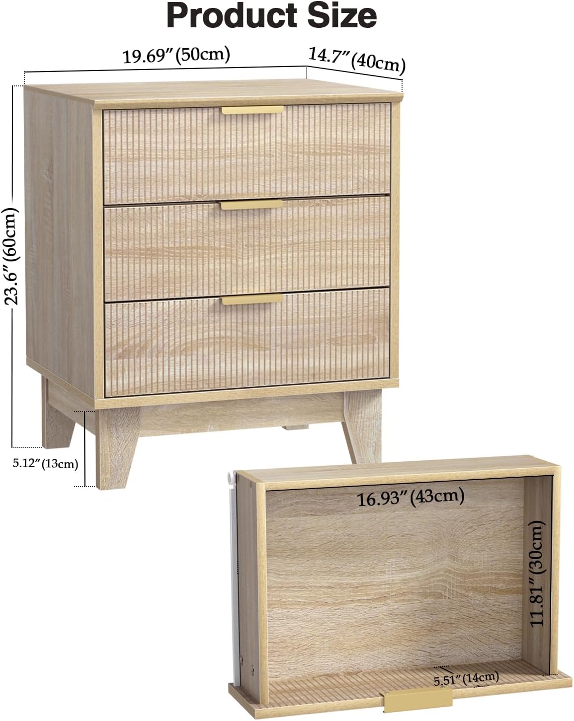 Nachtkastje – Bedside Table – Bijzettafel – Slaapkamerkastje – Houten Kastje – 3 Lades – MDF Hout Met Gouden Metalen Poten