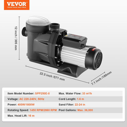 VEVOR Buitenaardse zwembadpomp, 220 V tot 240 V, dubbele snelheid, 1450/2860 omw/min, 1800 W, 33000 l/u, max. krachtige pomp, energiebesparende zwembadpomp voor bovengrondse zwembaden