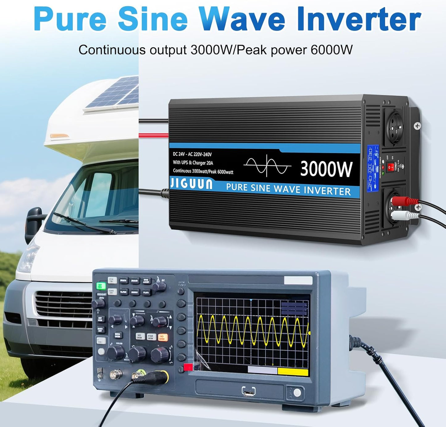 JIGUUN 3000W omvormer 24v naar 230v zuivere sinus met 20A lader en net prioriteit circuit en UPS, 2 EU-stopcontacten, draadloze afstandsbediening en LCD-display piekvermogen 6000W