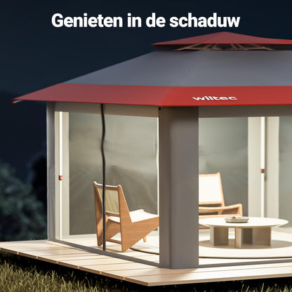 Wiltec opvouwbaar paviljoen partytent met muggennet tuinpaviljoen grijs-rood 3,92 x 3,92 m