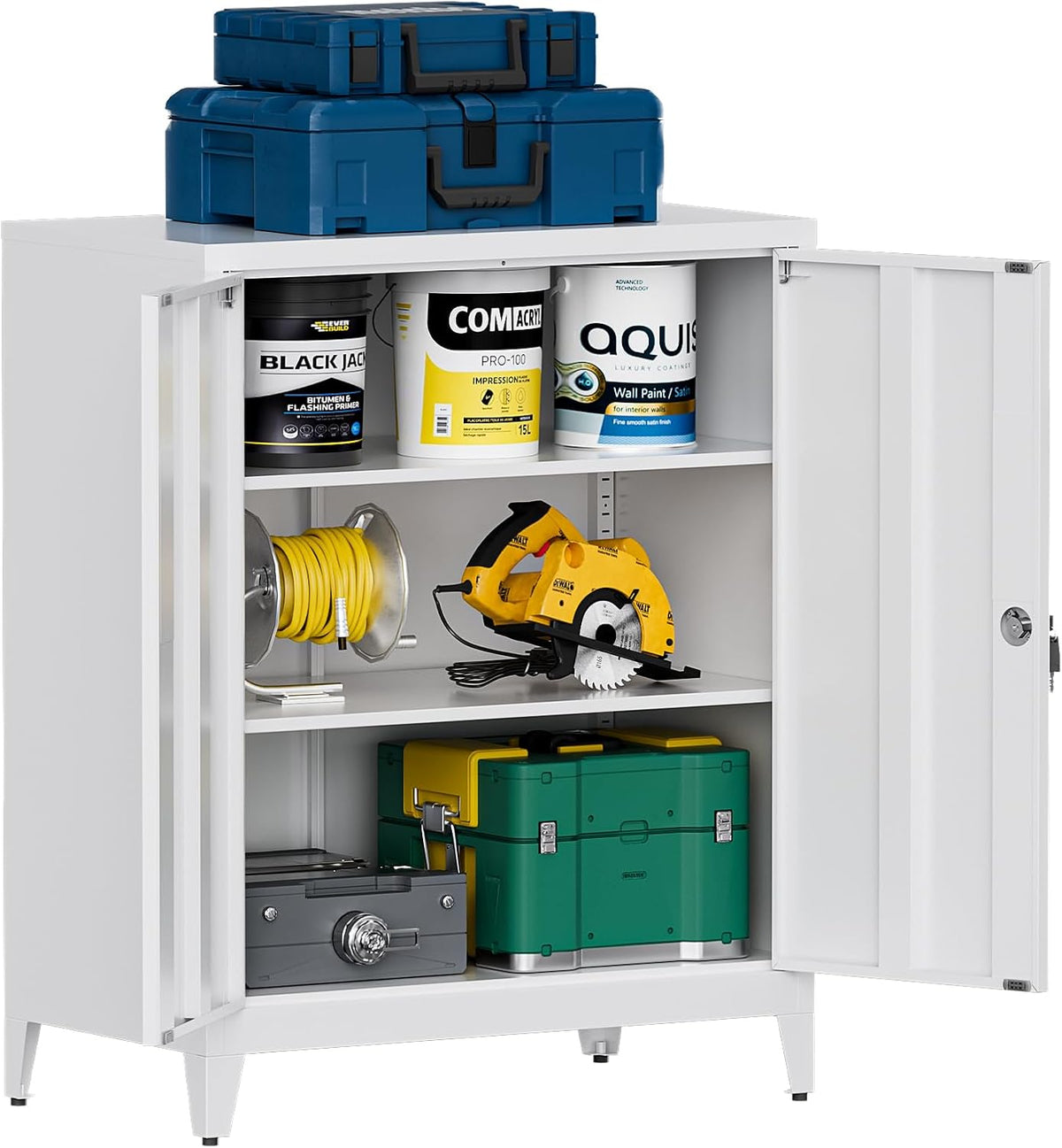 Dossierkast, afsluitbare multifunctionele kast met 2 in hoogte verstelbare planken, stalen bureaukast met 2 deuren, wit, 100 × 80 × 40 cm