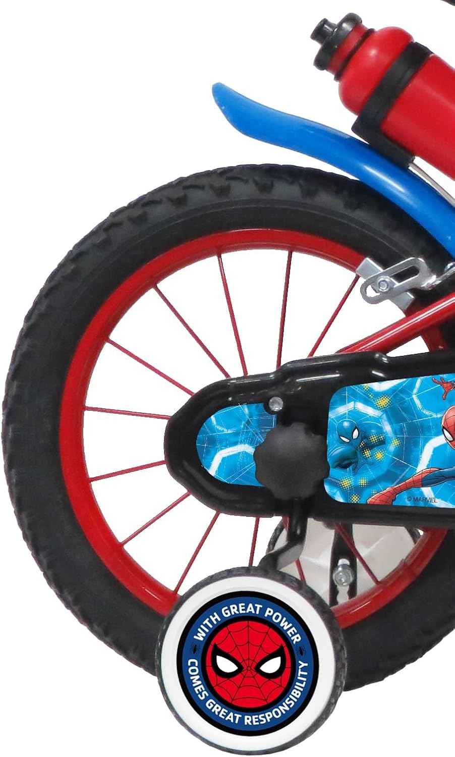 Kinderfiets voor jongens, 14 inch, Spiderman, uitgerust met 2 remmen, opblaasbare banden, decoratieve voorplaat en jerrycan achter