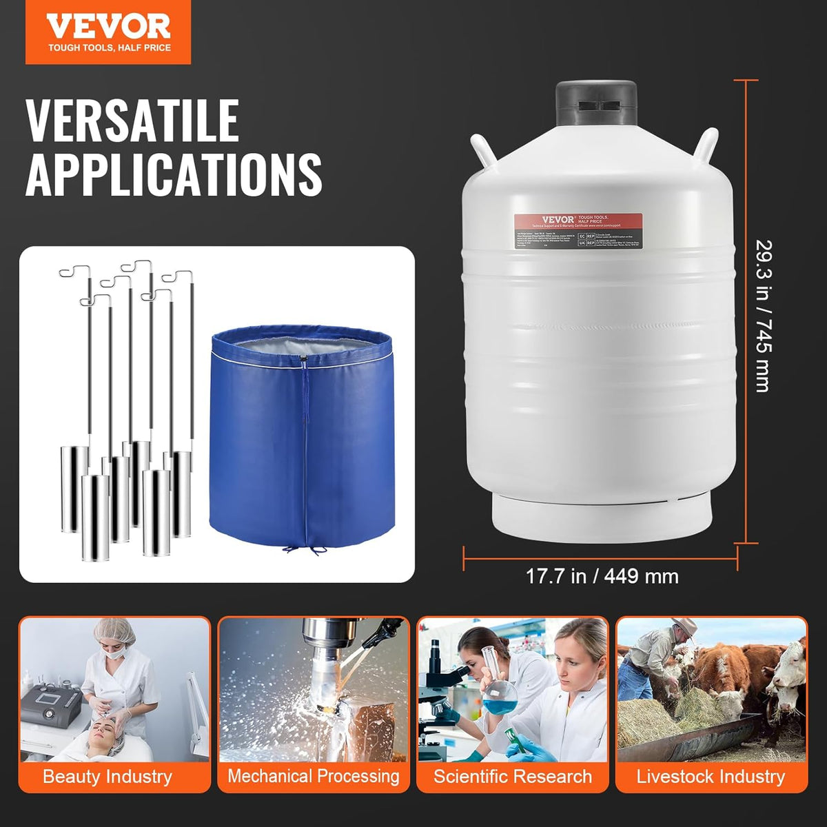 VEVOR Vloeibare stikstoftank, 30 liter, vloeibare stikstofcontainer, aluminiumlegering, 6 containers, draagtas met riem, cryogene tank voor de schoonheidsindustrie, wetenschap