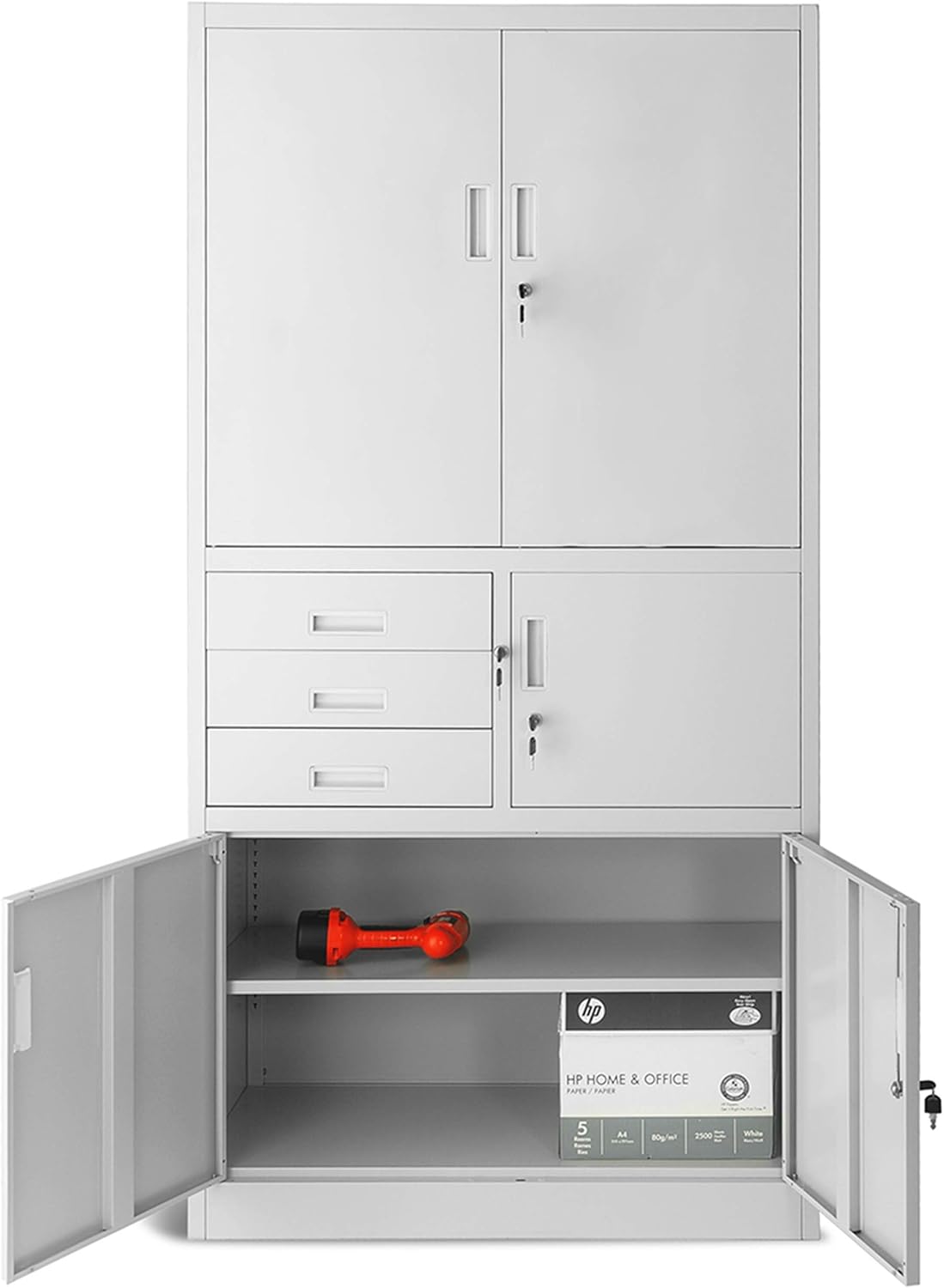Filing Cabinet C018S II Office Cabinet Metal Cabinet Safe Box Secret Box 3 Drawers Powder Coating 185cm x 90cm x 40cm (Grey) - QUORE
