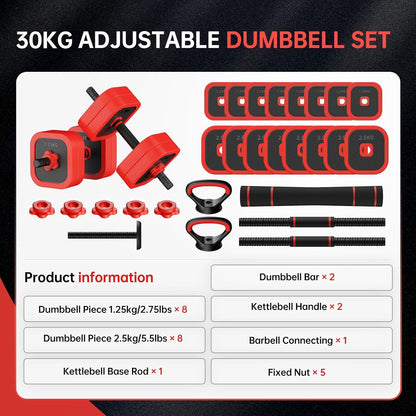 JOROTO 10KG/30KG Verstelbare Dumbbell Set 4-in-1-Dumbbells, Barbell, Kettlebell & Push-Up Stand met 8x1,25KG + 8x2,5KG IJzerzand Platen, Antislip Greep, Compact voor Thuisgym, Krachttraining & Fitness