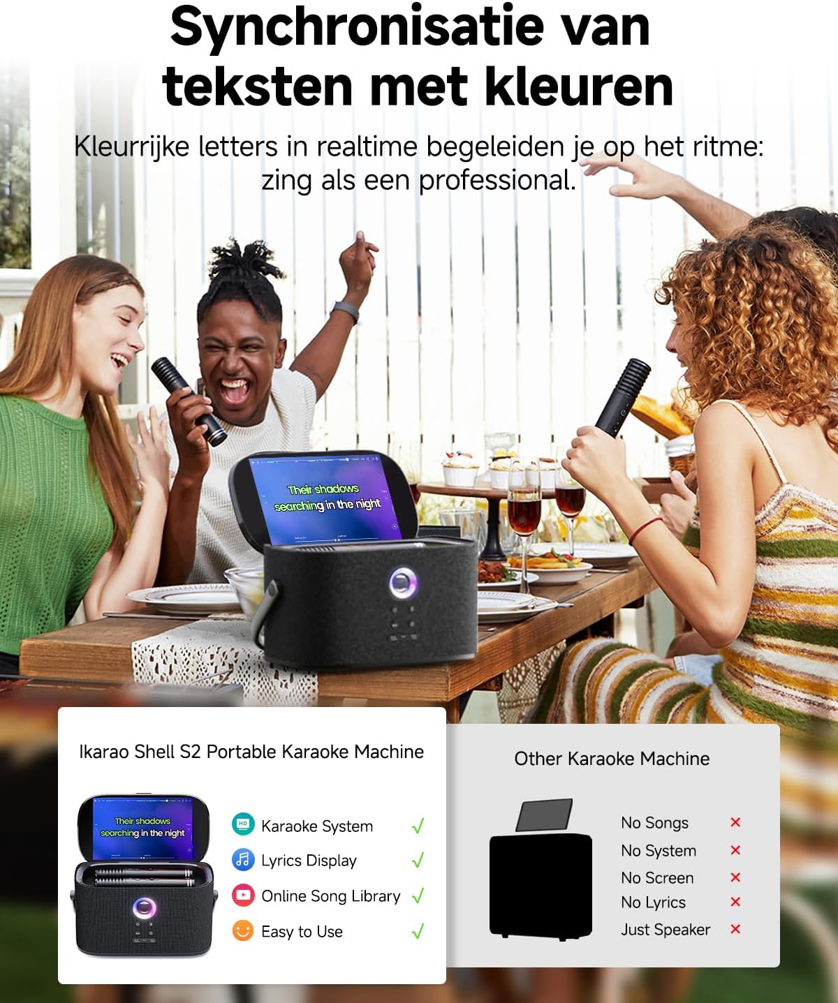 Draagbare Karaoke Machine voor Volwassenen, met Weergavescherm voor Songteksten, 2 Zelfopladende Draadloze Microfoons, Autotune & EQ, 140W Speaker, Verbinding met TV