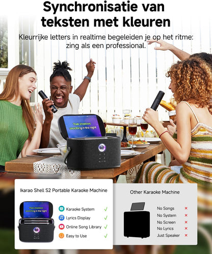 Draagbare Karaoke Machine voor Volwassenen, met Weergavescherm voor Songteksten, 2 Zelfopladende Draadloze Microfoons, Autotune & EQ, 140W Speaker, Verbinding met TV