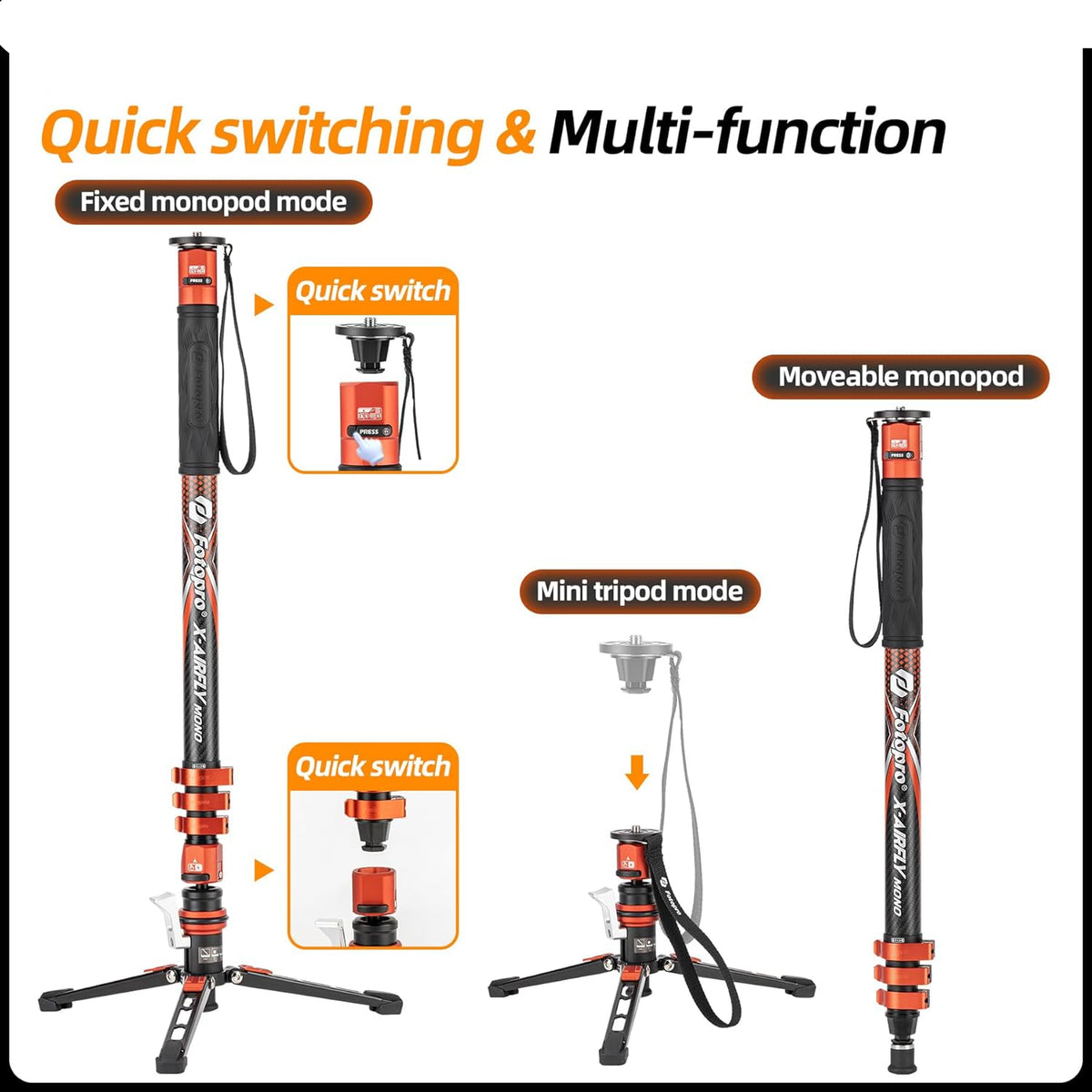 Fotopro 73-Inch Koolstofvezel Monopod met Pedaal en Voeten - 3-in-1 Professionele Carbon Fiber Travel Kit, Max 22 lbs voor DSLR Camera Stabilizer Videografie, Grijs
