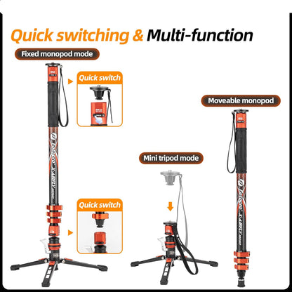 Fotopro 73-Inch Koolstofvezel Monopod met Pedaal en Voeten - 3-in-1 Professionele Carbon Fiber Travel Kit, Max 22 lbs voor DSLR Camera Stabilizer Videografie, Grijs