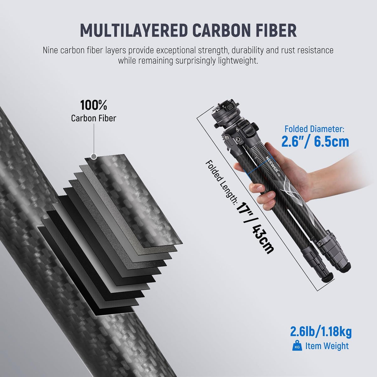 Neewer LITETRIP LT32 62" reisstatief koolstofvezel met ±15° nivelleringsbasis, afneembare middenas, snelle flip-gesp, 360° Pan Arca type QR-plaat compatibel met Peak Design Capture V3 (voormalig TP62)