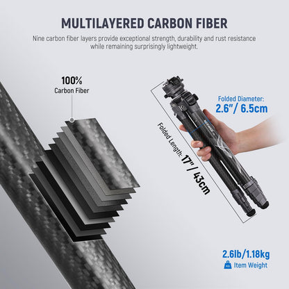Neewer LITETRIP LT32 62" reisstatief koolstofvezel met ±15° nivelleringsbasis, afneembare middenas, snelle flip-gesp, 360° Pan Arca type QR-plaat compatibel met Peak Design Capture V3 (voormalig TP62)