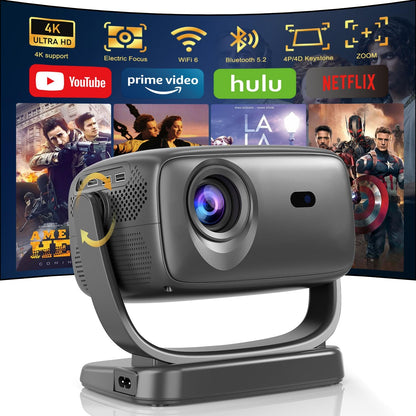 Beamer 4K [elektrische focus/180° draaien] 26.000Lux thuisbioscoop projector met wifi 6 en Bluetooth, Zoom, trapeziumcorrectie, native 1080p, overheadprojector voor iOS/Android smartphone