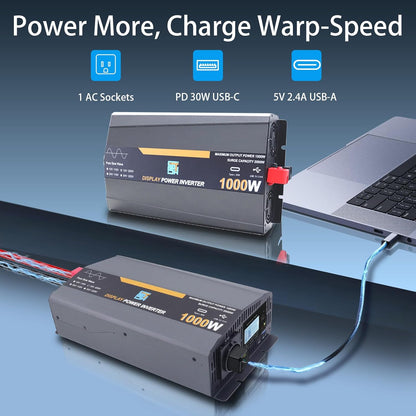1000W pure sine wave inverter, 12V to 230V, auto-converter, grid-independent solar inverter with LCD display, 1 type C, 1 USB port, remote control,
