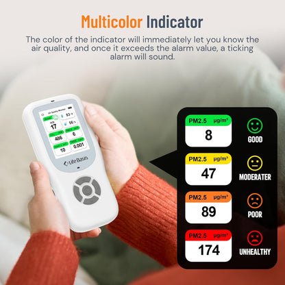 LifeBasis 10-in-1 luchtkwaliteitsdetector, formaldehyde-detector, AQI-vervuilingsmonitor met temperatuur en luchtvochtigheid voor het testen van PM2.5/PM10/HCHO/TVOC/CO2, USB-oplaadbaar, voor thuis en