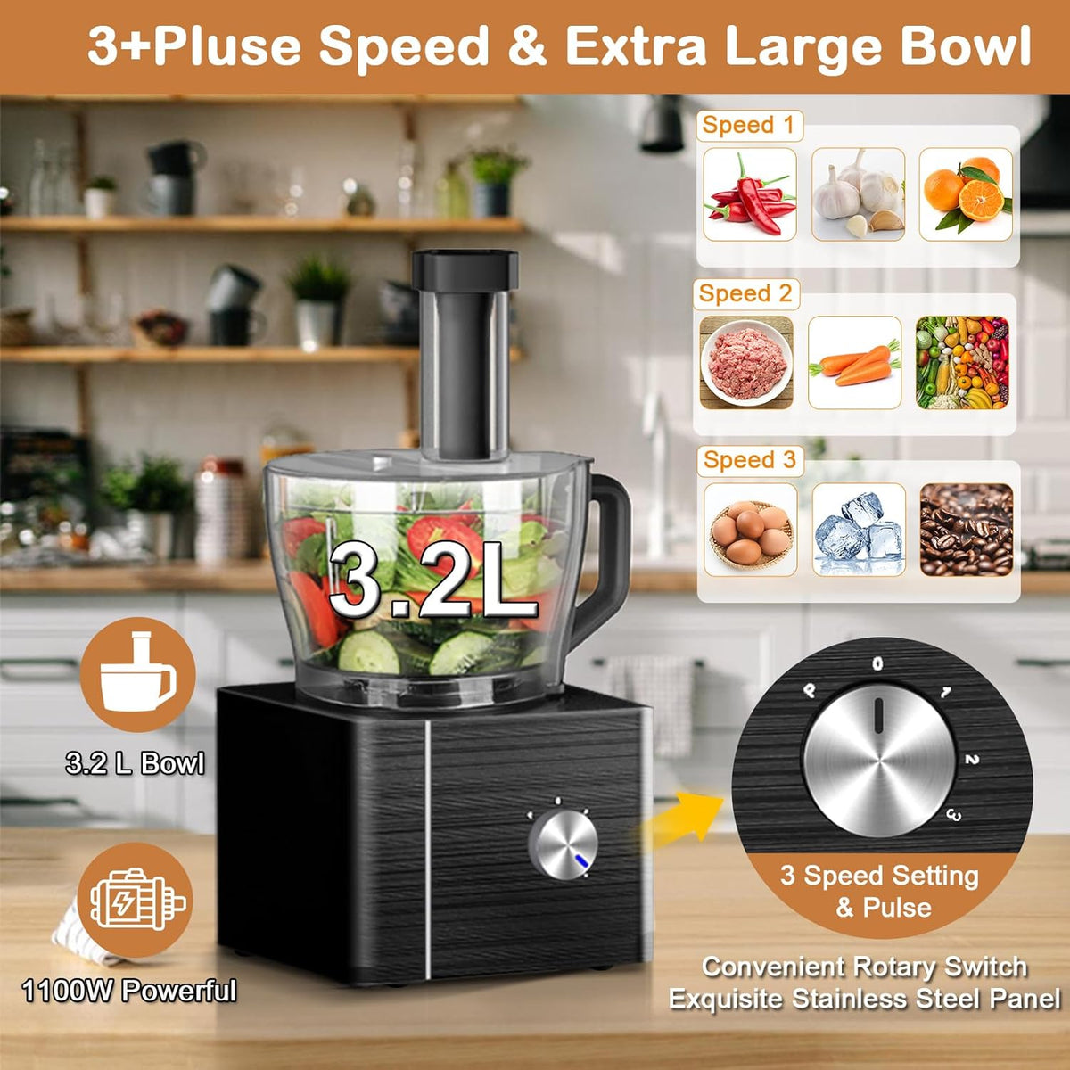 TopStrong Keukenmachine, 1100 W food processor, 3,2 l kom en 1,5 l container, multifunctioneel met hakken, snijden, kneden, sap, 3 snelheden en pulsfunctie, zwart