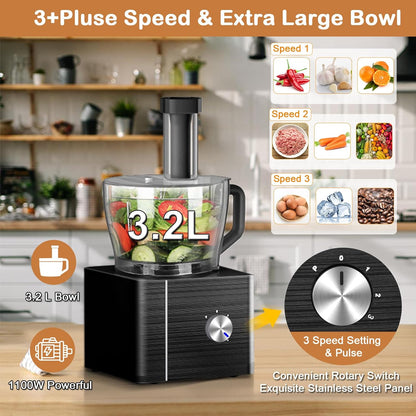 TopStrong Keukenmachine, 1100 W food processor, 3,2 l kom en 1,5 l container, multifunctioneel met hakken, snijden, kneden, sap, 3 snelheden en pulsfunctie, zwart
