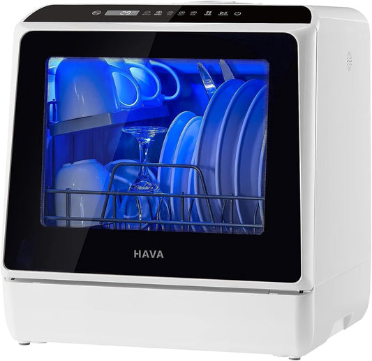 HAVA Tabletop dishwasher, mini dishwasher with 6 programs and built-in 5 litre water tank, no connection required, baby supplies and air drying function for homes and motorhomes