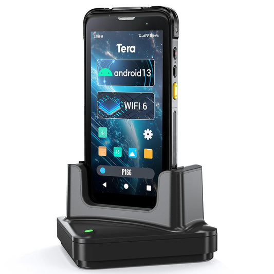 Tera Android 13 barcodescanner PDA: 5,5 inch handheld mobiele computer 4 GB + 64 GB met laadstation 1D 2D QR scanner Zebra SE4710 NFC WLAN GPS Bluetooth inventure logistiek magazijn