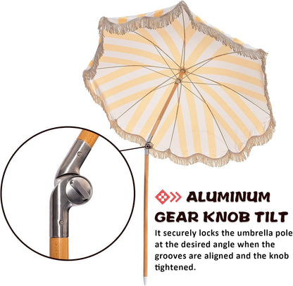 2M Boho strandparasol met franje, UPF 50+ kwastjes met draagtas, premium houten stang, opvouwbare terrasparaplu voor buiten, tuin, gazon, zwembad, tuintafel