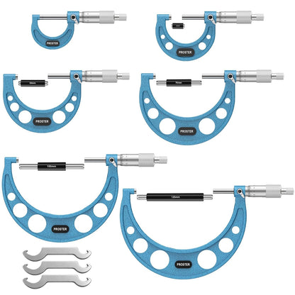 Proster Micrometer voor buiten, 0-150 mm, 6 stuks, mechanische buitenmicrometer, 0,01 mm, met stoprail, chroom satijn en laserschaal, professionele set met kalibratiebeugels en werkplaatsbox