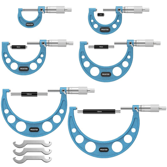 Proster Micrometer voor buiten, 0-150 mm, 6 stuks, mechanische buitenmicrometer, 0,01 mm, met stoprail, chroom satijn en laserschaal, professionele set met kalibratiebeugels en werkplaatsbox