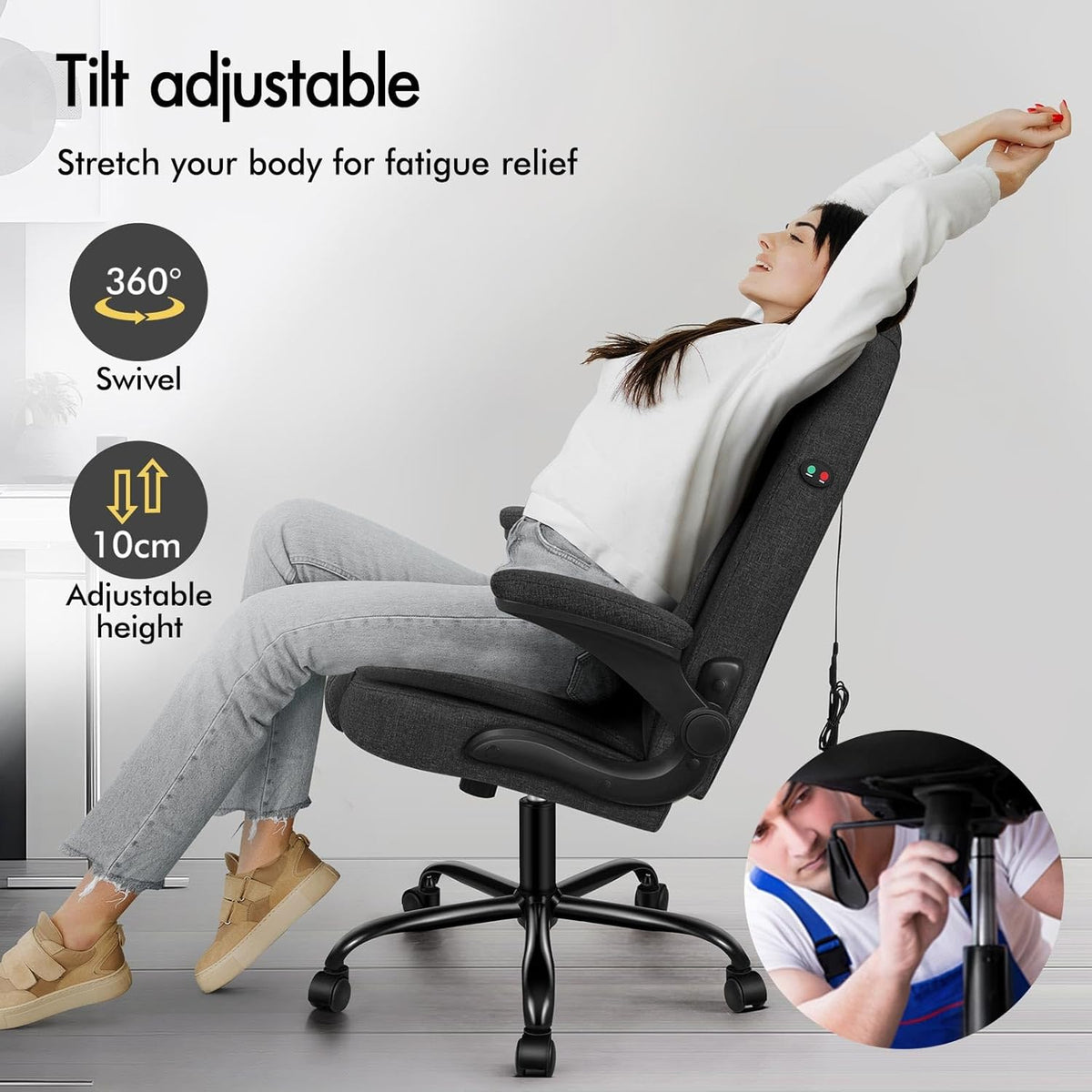 ALFORDSON Massage Bureaustoel, Ergonomische Computerstoel met Armleuning, Stoffen Bureaustoel, Draagvermogen 150 kg, Rugleuning 90-135°, In Hoogte Verstelbaar, Zwart