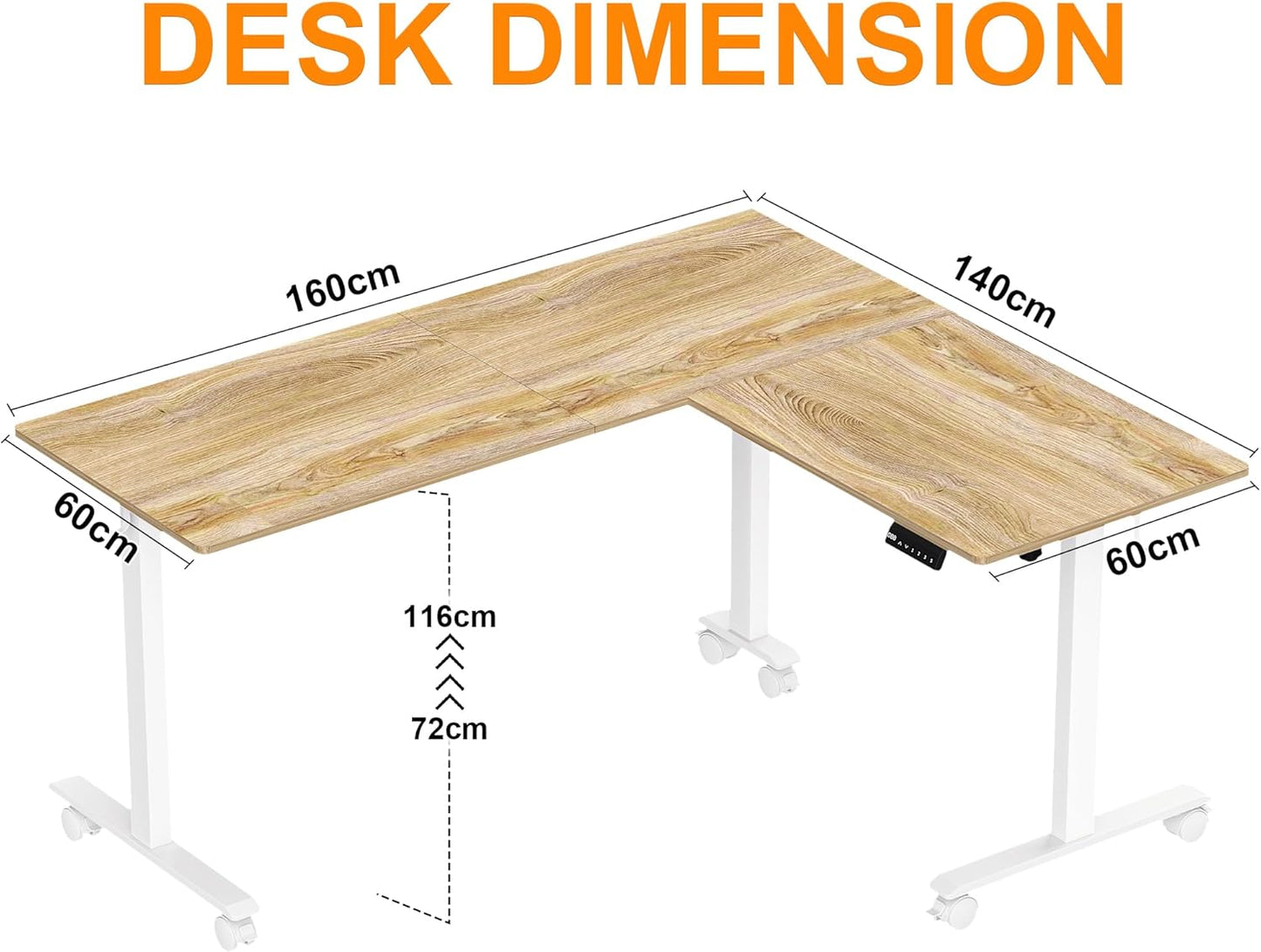 L-vormig Staande Hoekbureau – Elektrisch Verstelbaar Bureau – Zit Sta Bureau – Hoekbureau Kantoor – Bureau Met Hoek – 160x140 cm – Slim Geheugenpaneel Met Antibotsing