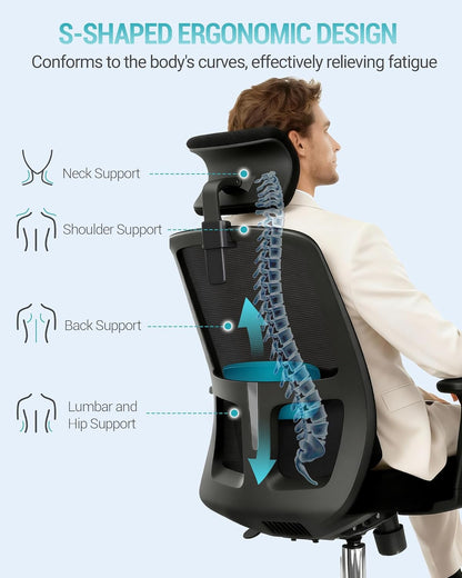 Hzuaneri Ergonomic Office Chair, Computer Chair, Gaming Chair, Mesh Chair, Adjustable Lumbar Support and Headrest, Maximum Load Capacity r150kg, Height Adjustable, Black ON00199B