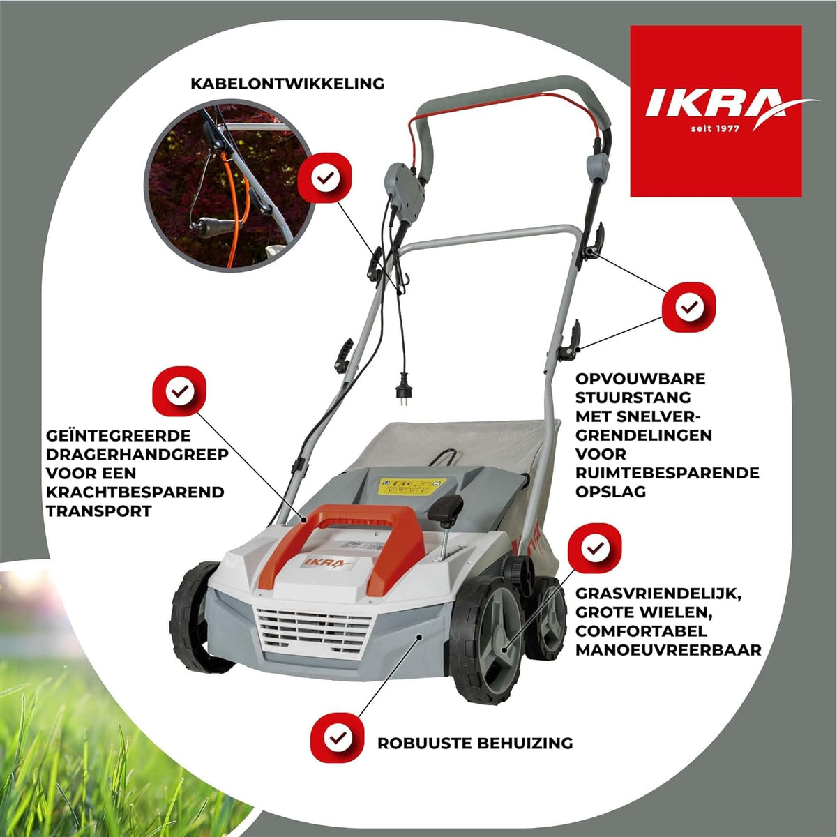 IKRA Elektrische Verticuteermachine Gazonbeluchter IEVL 1838, opvangmand 40l, werkbreedte 38cm, werkdiepte instelbaar - QUORE