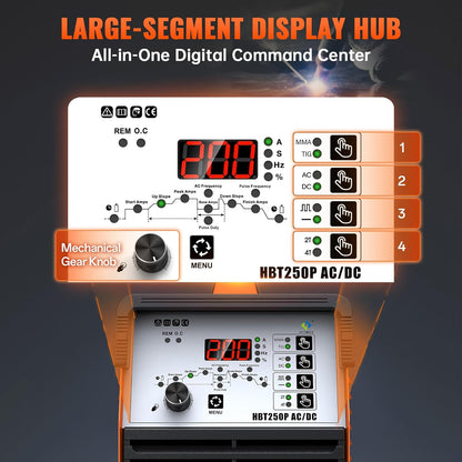 HITBOX 6-in-1 WIG lasapparaat AC/DC, 200 A, pulsfunctie, IGBT invertertechnologie, 2T/4T digitale bediening, nieuwe versie voor aluminium, roestvrij staal en staal (HBT250P AC/DC)