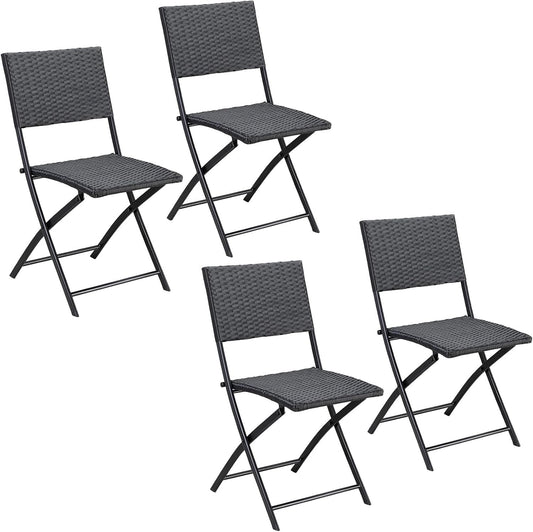 Casaria Polyrattan Set of 4 Folding Chairs Balcony Camping Foldable Weatherproof Balcony Chair Garden Chair Black - QUORE