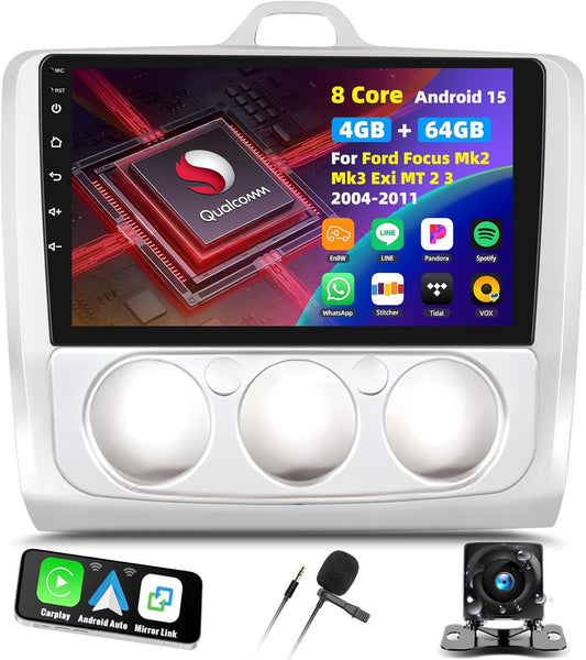 8 Core Qualcomm Android 15 4+64G Autoradio für Ford Focus Exi MT 2 3 MK2 MK3 2004-2011, 9 "Touchscreen Radio mit CarPlay Android Auto GPS WiFi FM/RDS DSP 3D Auto Modell Showcase+Rückfahrkamera
