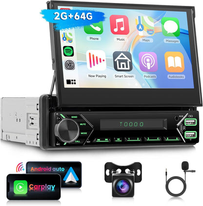 1 DIN Android Autoradio – Multimedia Speler – Car Stereo – Auto Radio – GPS Navigatie – Uitschuifbaar 7 Inch HD Touchscreen – Draadloze CarPlay & Android Auto – Inclusief Achteruitrijcamera