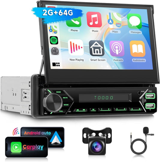 1 DIN Android Autoradio – Multimedia Speler – Car Stereo – Auto Radio – GPS Navigatie – Uitschuifbaar 7 Inch HD Touchscreen – Draadloze CarPlay & Android Auto – Inclusief Achteruitrijcamera
