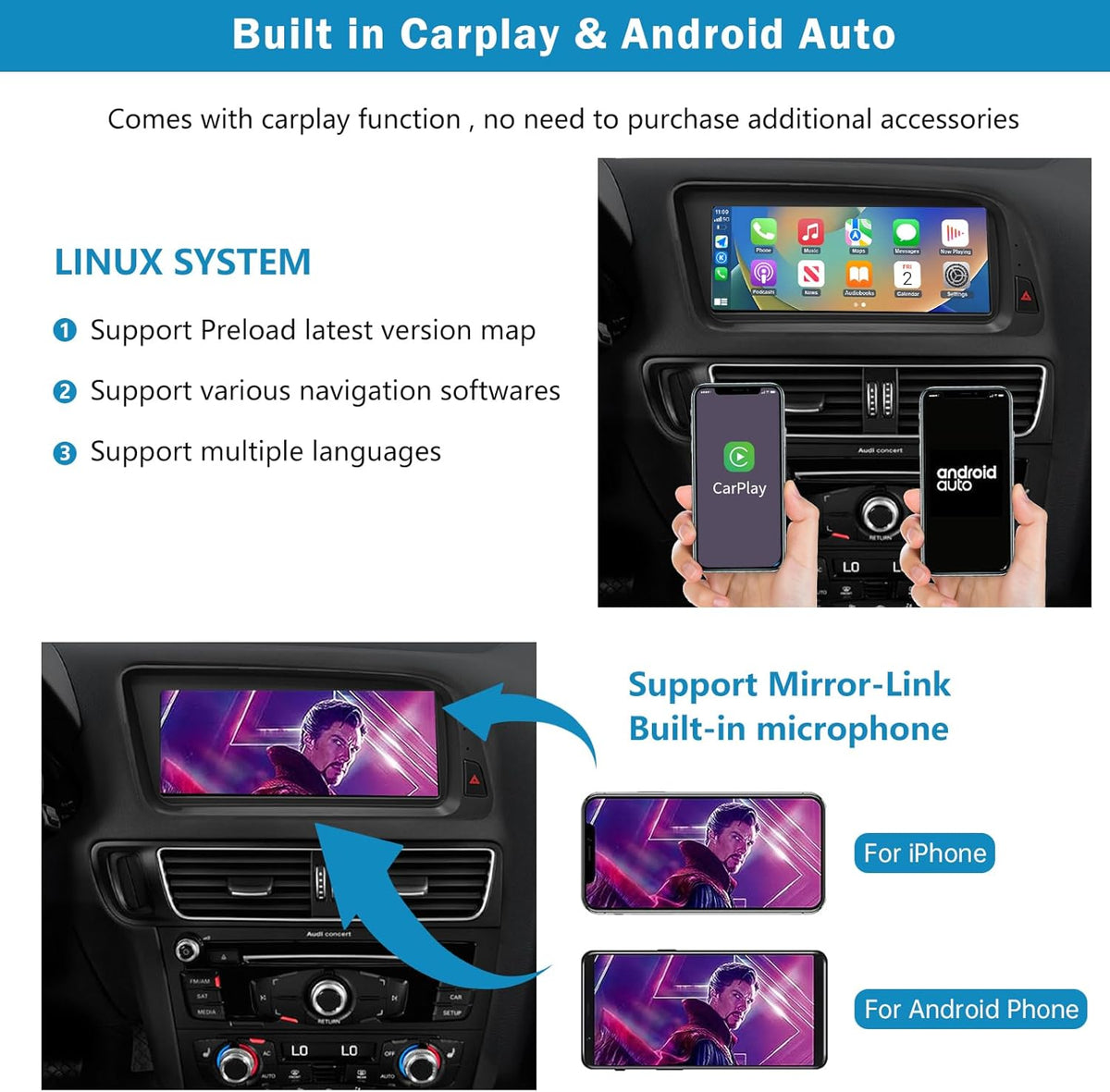 Autoradio 8,9 Inch Touchscreen – Multimedia Systeem – Navigatiesysteem – Inbouw Radio – Smartphone Connectiviteit – Wireless Apple CarPlay – Android Auto – Behoud Originele Functies – Hoge Resolutie 1920x720