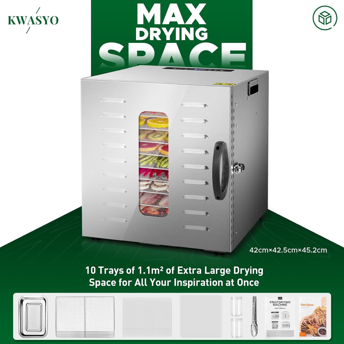 Kwasyo Voedseldroger, BPA-vrij, 30 ~ 90 ℃ temperatuurinstelling, max. 24 uur, fruitdroger met gratis receptenboek, droogautomaat voor fruit, groenten, vlees en chili-1000W