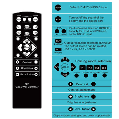 Video Wall Controller 3x3, TV Wall Processor, 4K @30Hz HDMI multi-screen Splicing Processor met HDMI + DVI + USB C input, ondersteuning 13 displaymodi 3x2 2x3 2x2 4x2 2x4 enz