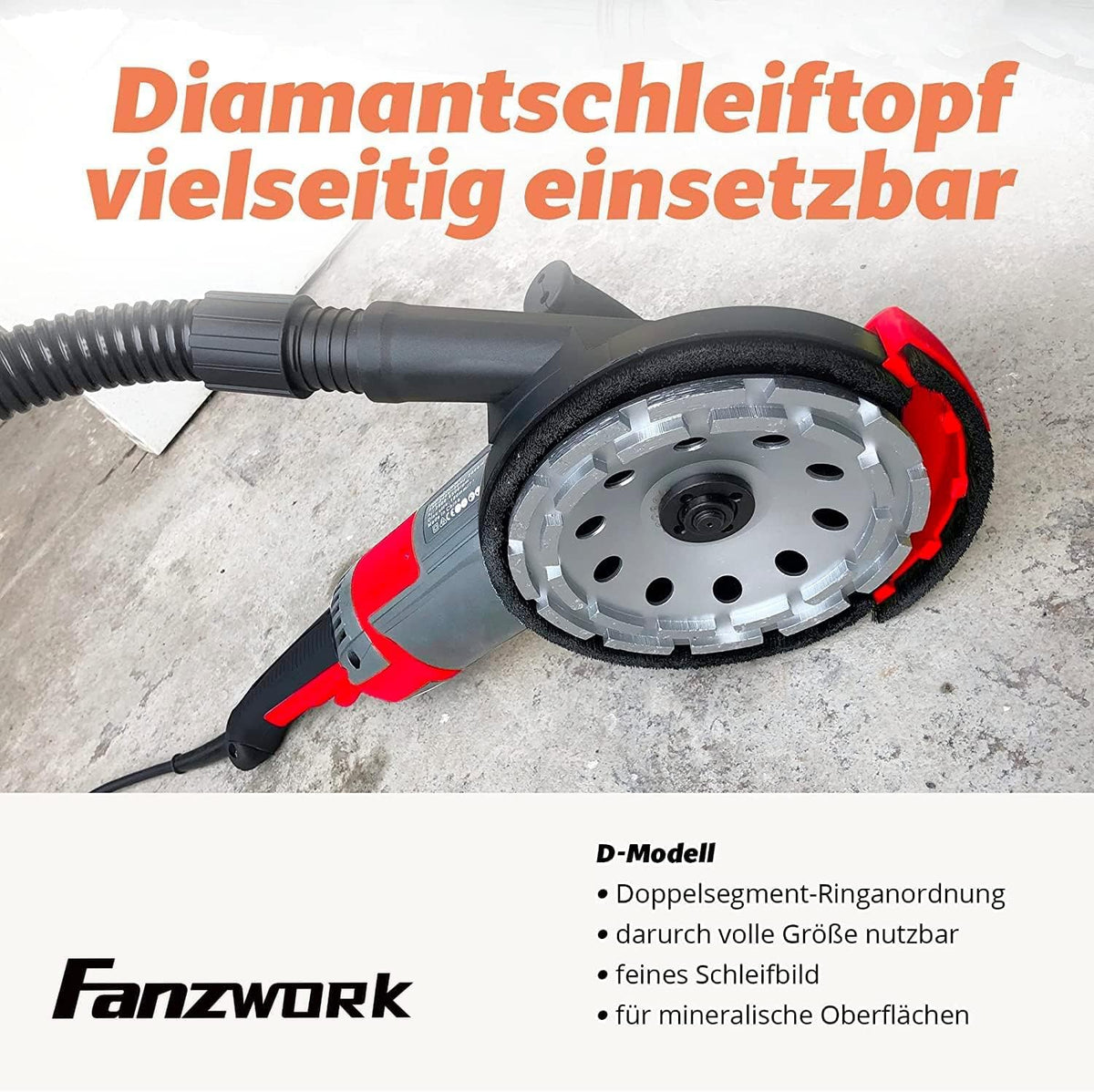 FANZTOOL Betonslijper, betonfrees, set met diamantslijpkop en afzuigkap (2000 W/180 mm)