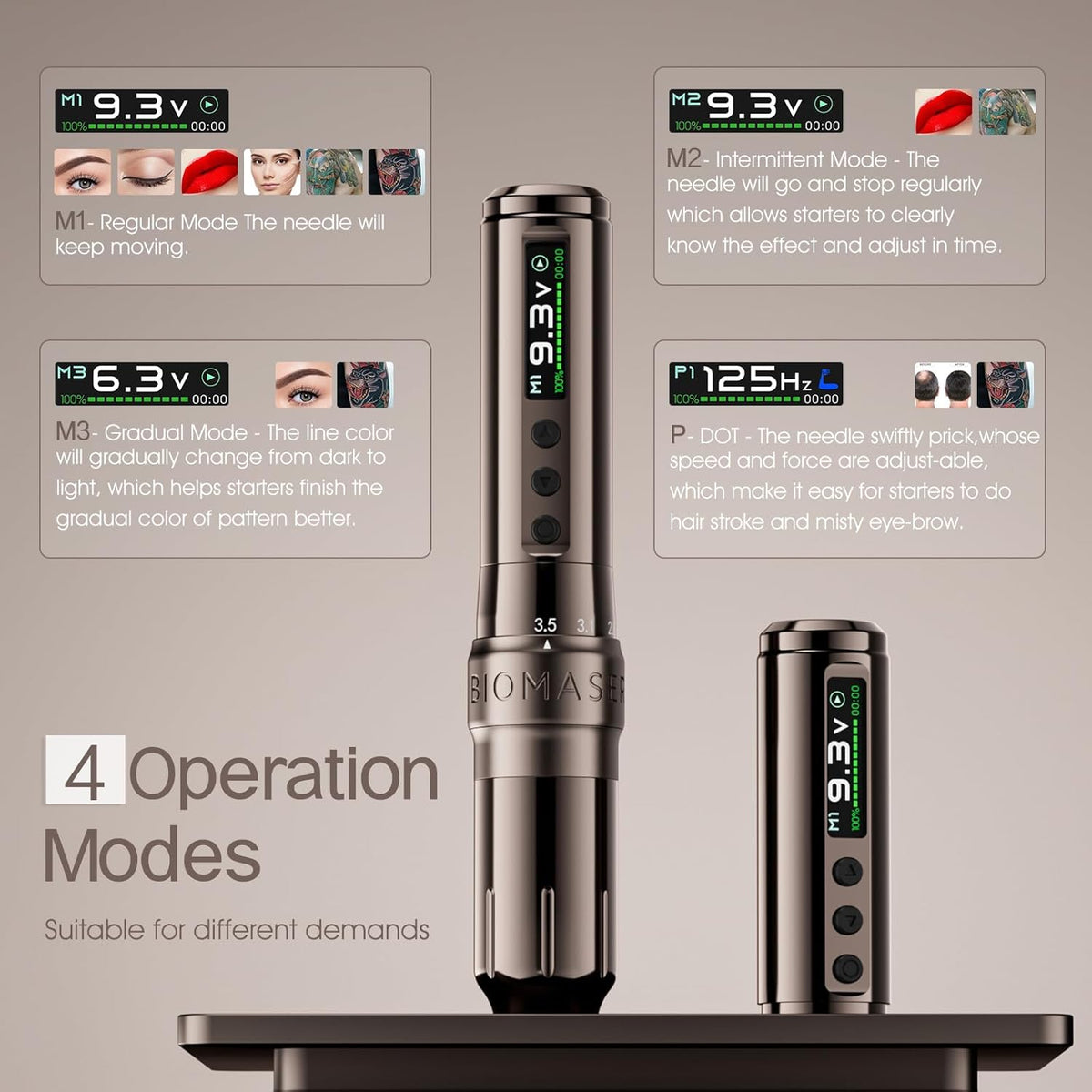 Biomaser U1 Pro Draadloze semi-permanente make-upmachine, zes slagen, instelbare draadloze pen met 2 1000 mAh batterijen, OLED-display voor semi-permanente make-up