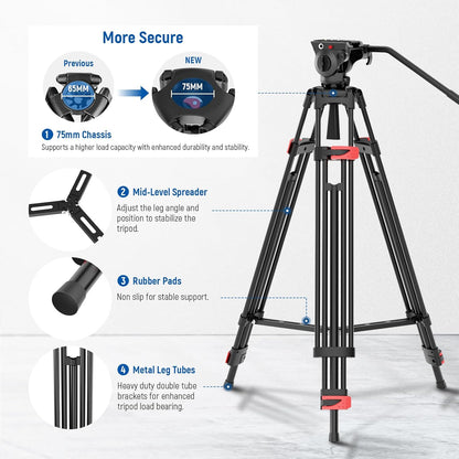 NEEWER BASICS 188 cm videostatief met gedempte vloeistofkop, metalen zware standaard voor DSLR-camera, camcorder, video-opname, QR-plaat, compatibel met Manfrotto 501, max. belasting 8 kg