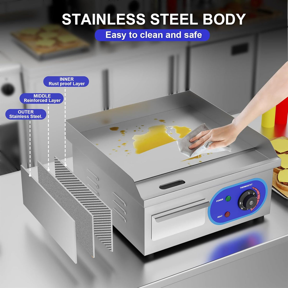 TAIMIKO Elektrische grill, roestvrij staal, professionele tafelgrill 220-240 V, grillplaat van ijzer, oppervlak 35 x 30 cm, glad, spatwaterdicht