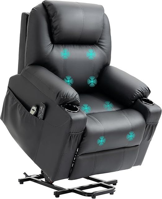 HOMCOM Electric Standing Chair, Massage Chair with Stand Aid, Reclining Function, TV Chair with Remote Control, Side Pockets, PU, Black - QUORE