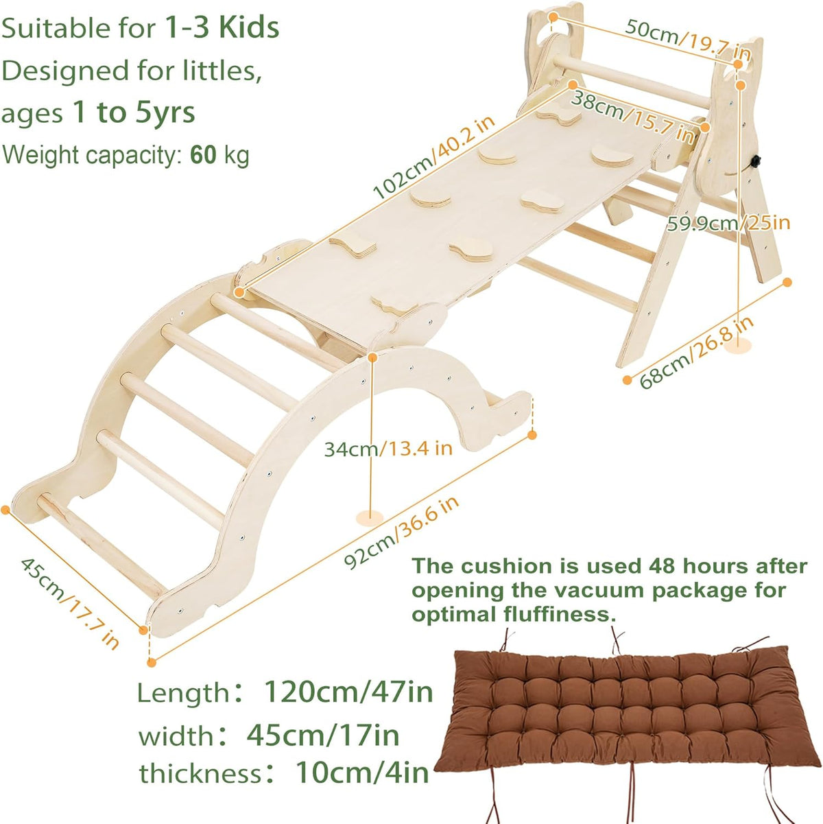 Peuter klimframe voor peuters leeftijd 1 2 3 4 5, indoor kinderen houten klimframe met glijbaan driehoek klimboog en kussen Montessori speelgoed peuter kind gym - medium (natuurlijk en ongeverfd)