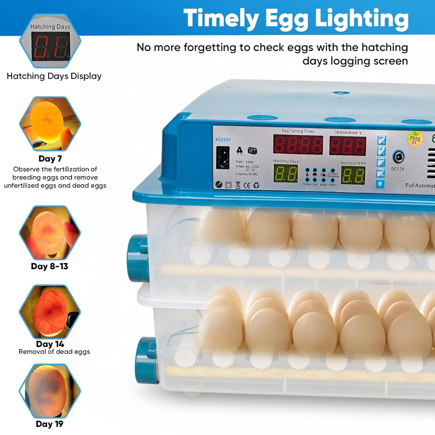volautomatische broedmachine voor 120 eieren,met automatische keer- en vochtigheidsbewaking,temperatuurregeling,5 broedstanden geschikt voor kippen-,eenden-,ganzen- en kwarteleitjes (blauw)