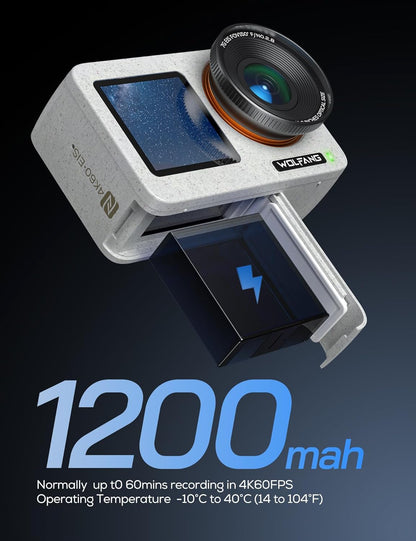 WOLFANG Seeker One White Waterdichte Actiecamera met 4K60fps Ultra HD-video, Dual Screen Kleurendisplay, 16 Voet Onder Water Camera, Live Streaming, Webcam, Stabilisatie met GO APE